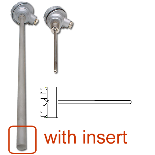 spring loaded temperature sensor with thermowell and inset sensor.